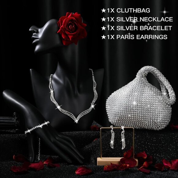 Silver Rhinestone Jewelry Set with Clutch Purse for Women Evening Formal - Picture 2 of 7